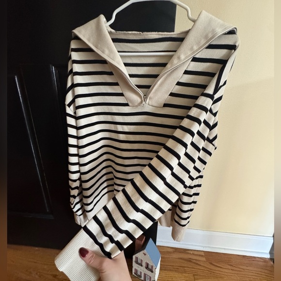 Sweaters - Navy and Cream Striped Quarter-Zip